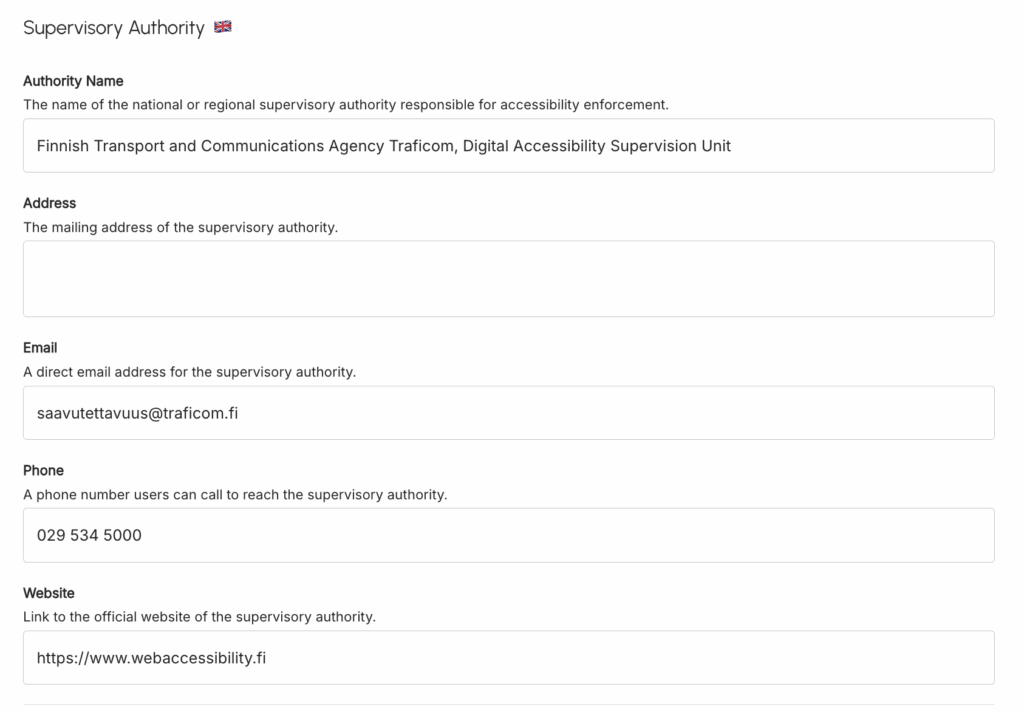 Screenshot of an automatic accessibility statement settings generated by Webwarden